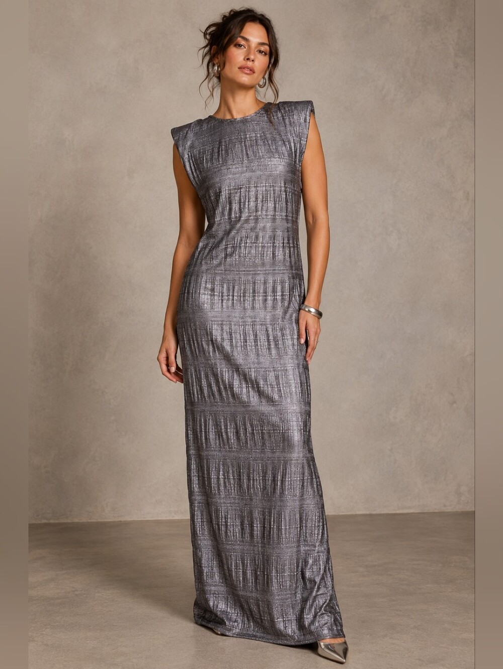 Textured Metallic Silver Dress – Structured Shoulder Minimalist Evening Gown